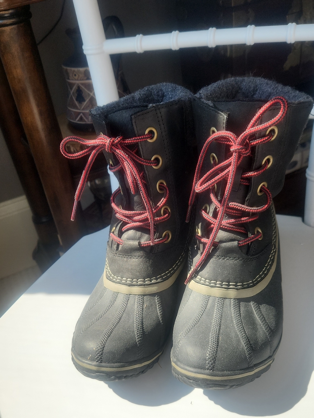 Sorel Black Duck Boots with Red Laces
